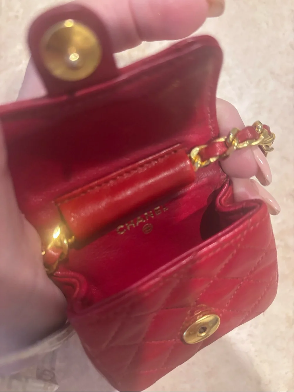 CHANEL MICRO Quilted Lambskin Flap Bag in Crimson Red
